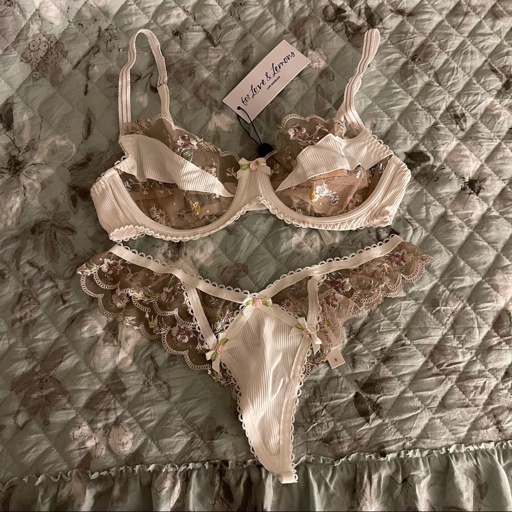 for love and lemons floral white & mauve lingerie set